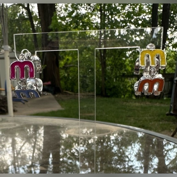 18K White Gold Plated “M” Multicolor Huggie Hoop Earrings with Diamond Accent - Picture 3 of 5